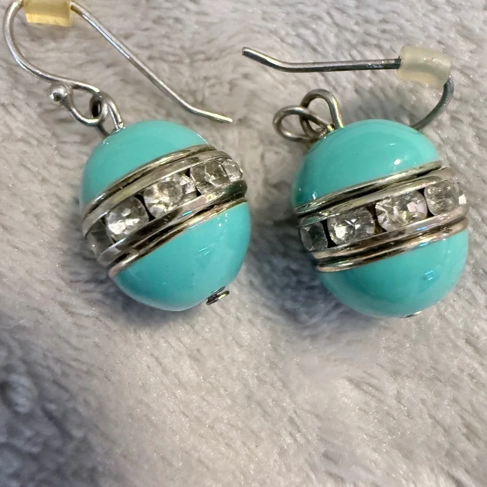 Vintage Y2K Aqua Blue Rhinestone Bead Dangle‎ Earrings Silver Tone